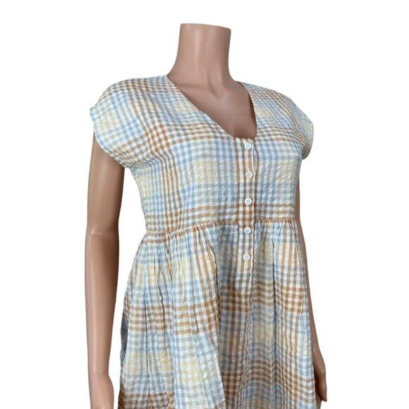 Madewell Womens Mini Dress Size XS Seer Sucker Brown Plaid -V Neck -Half Button - Picture 7 of 12